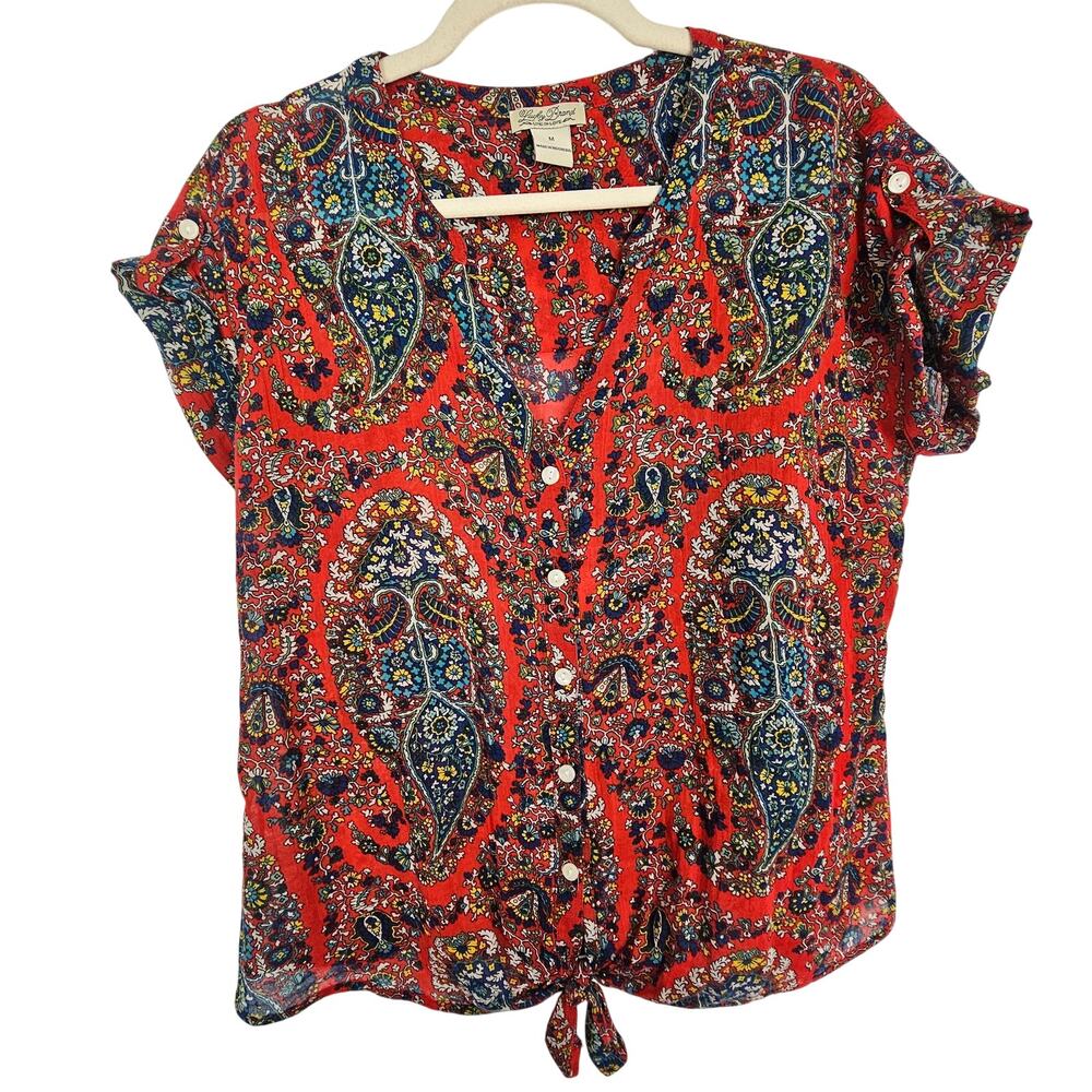 Lucky Brand Womens Floral Paisley Button Shirt M Boho Western Cowgirl Tie Front
